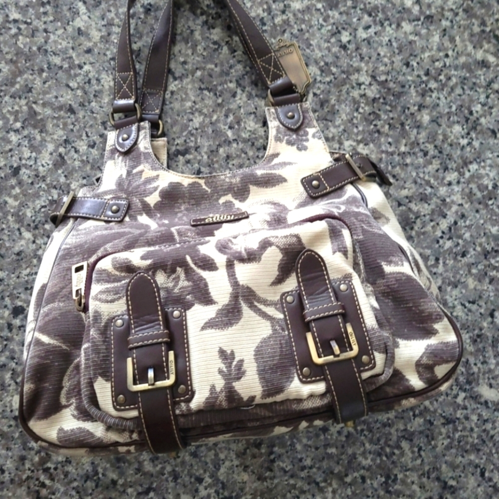 Oilily Brown And White Floral Print Canvas & Leather Trim Utility Handbag